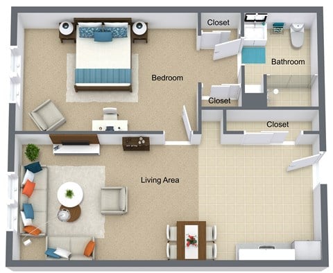 Floor plan for 1 bed, 1 bath, 791 sqft